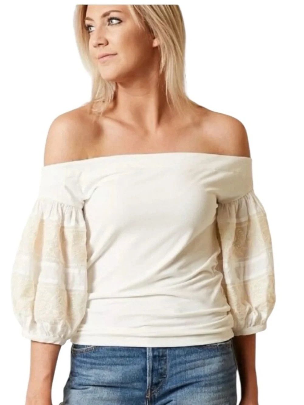 Free People Rock With It Off Shoulder Ivory Puff Sleeve M Boho Cottagecore